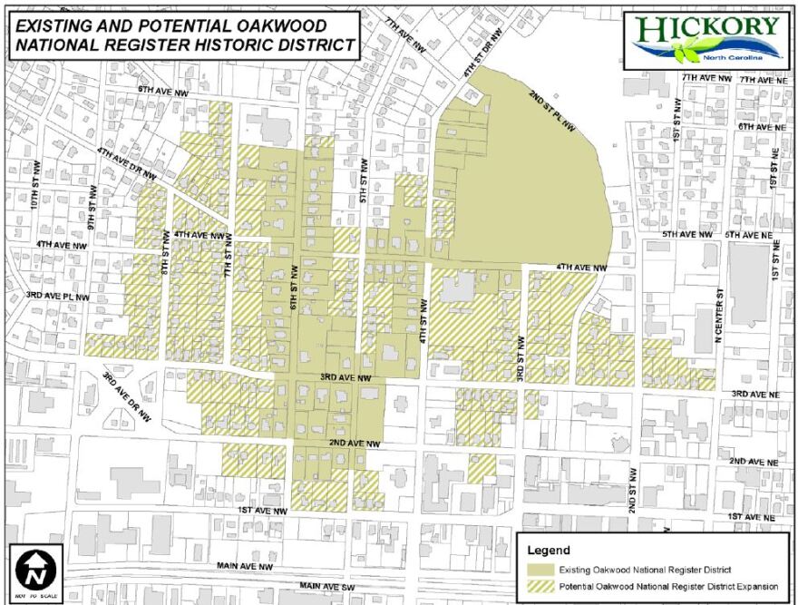 Map shows proposed expansion areas for Hickory's Oakwood Historic District.