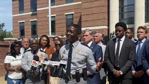 South Carolina Highway Patrol Lance Cpl. B.A. Frazier speaks to reporters Aug. 13 outside the Matthew J. Perry Federal Courthouse in Columbia.