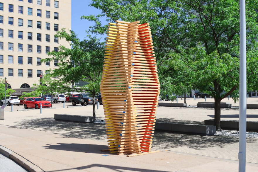 A public sculpture on display at the Figge Art Museum plaza in downtown Davenport.