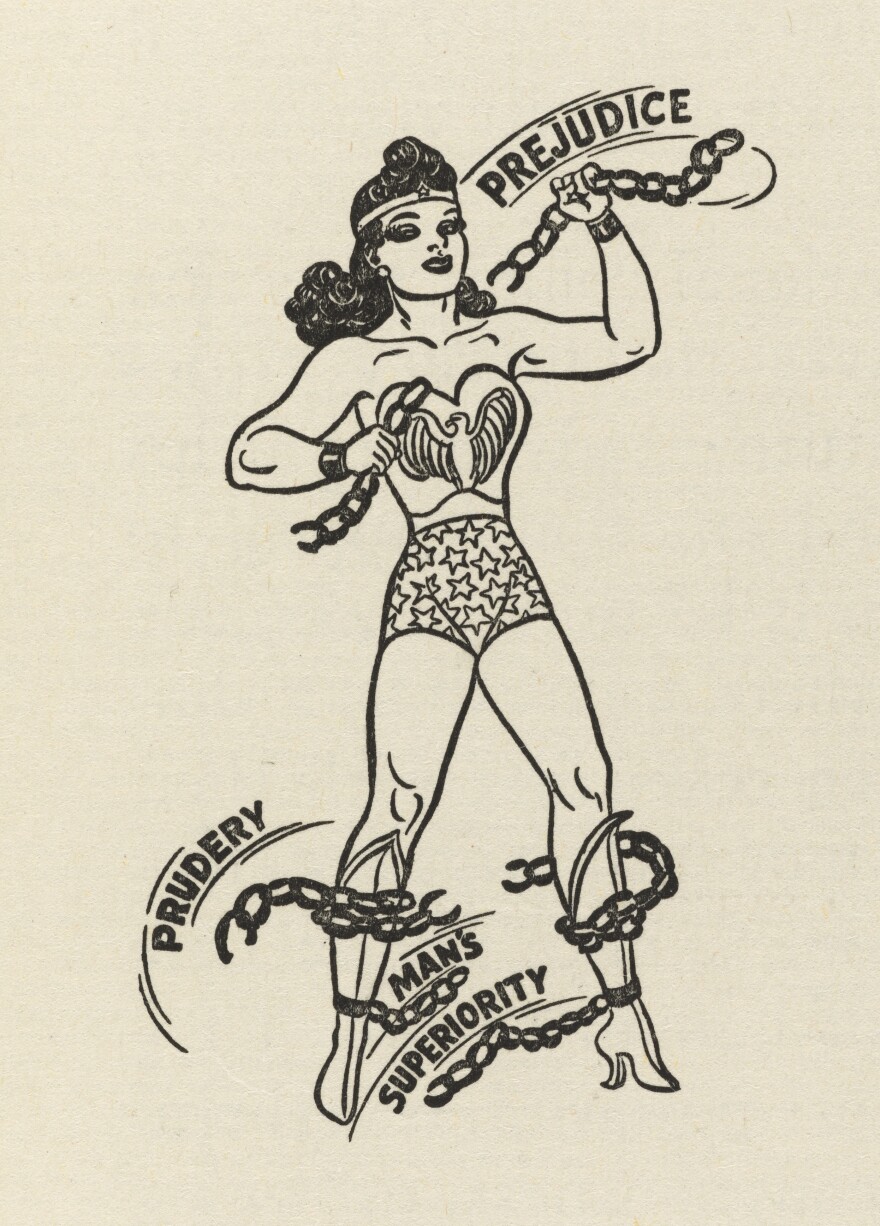 This pen-and-ink drawing by Harry G. Peter appeared in Marston's article <em>Why 100,000 Americans Read Comics</em> in American Scholar in 1943-44.