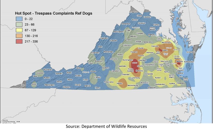 A map shows hot spots for complaints to the state about hunting dogs on private property.