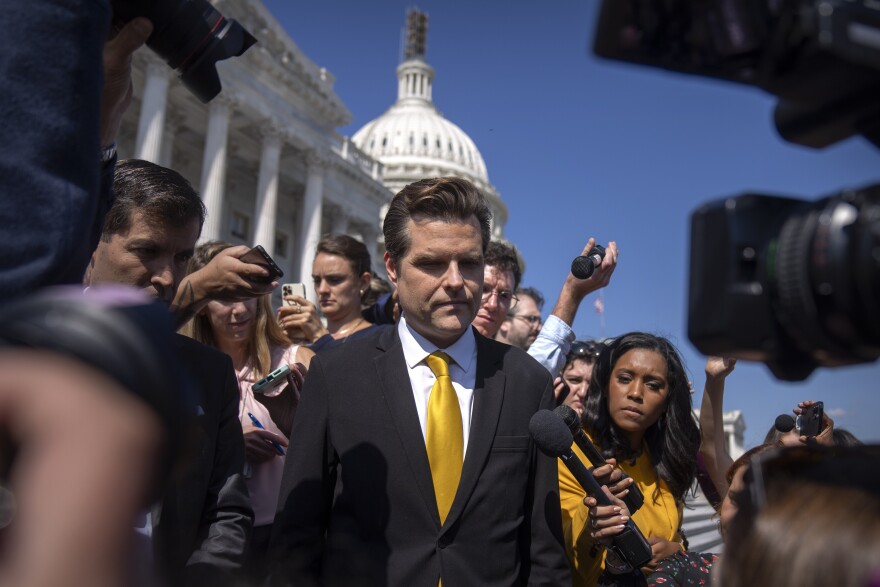 Rep. Matt Gaetz, R-Fla., one of House Speaker Kevin McCarthy's harshest critics, speaks to reporters on the steps of the Capitol in Washington, Monday, Oct. 2, 2023. Gaetz has said he plans to use a procedural tool called a motion to vacate to try and strip McCarthy of his office as soon as this week. (AP Photo/Mark Schiefelbein)