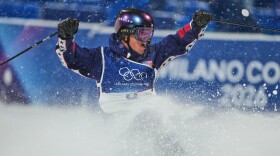 United States' Mac Forehand celebrates during the men's freestyle skiing big air finals at the 2026 Winter Olympics, in Livigno, Italy, Tuesday, Feb. 17, 2026.