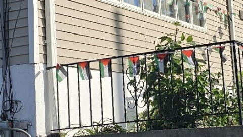 Palestinian flags outside of Samir Nofal's home