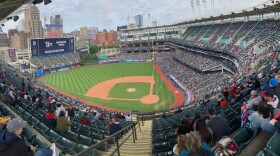 The Cleveland Guardians take the home field in a game against the Detroit Tigers.