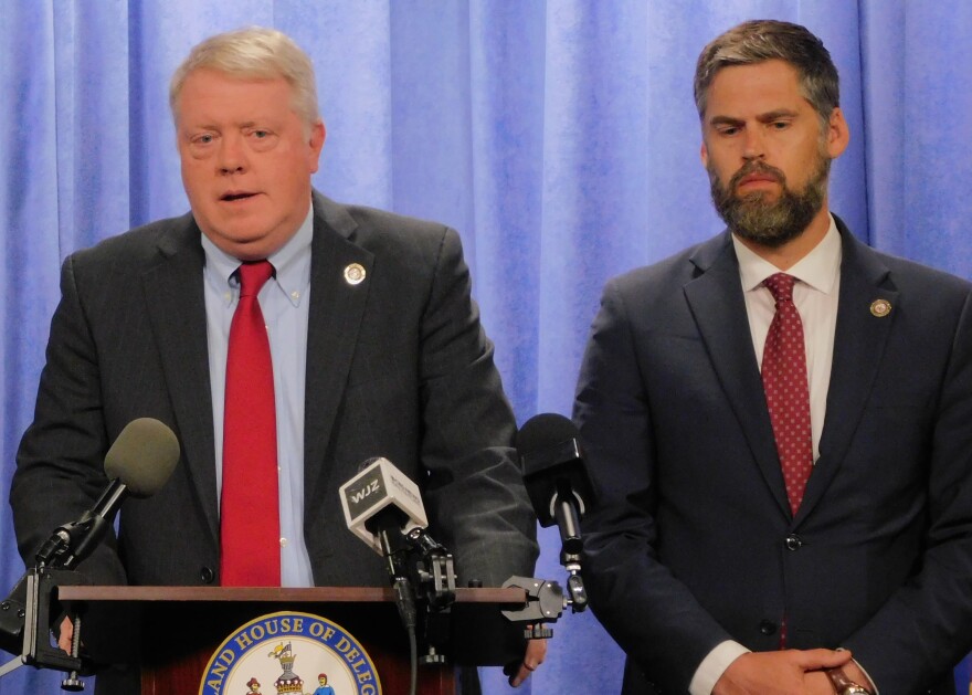 House Republican Leader Jason Buckel and House Republican Whip Jesse Pippy react to the fiscal year 2027 budget signing on Wednesday in the Lowe Housing Building on Annapolis, Md.