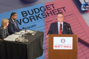 A split graphic shows a blue-and-red “Budget Worksheet” background. On the left, State Budget Director Jen Flood and incoming Department of Technology, Management, and Budget Director Kyle Guerrant sit at a table with microphones, papers, and a laptop during what appears to be a budget hearing. On the right, Michigan House Speaker Matt Hall stands at a podium labeled “Speaker of the House Matt Hall,” speaking into microphones. The “It’s Just Politics” logo appears in the top right corner.