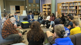 Jesus Rodriguez, center left, visits the Roaring Fork High School library in April to connect with students and teachers. The visit was part of his interview process to become the next superintendent of the Roaring Fork School District. He begins July 1.