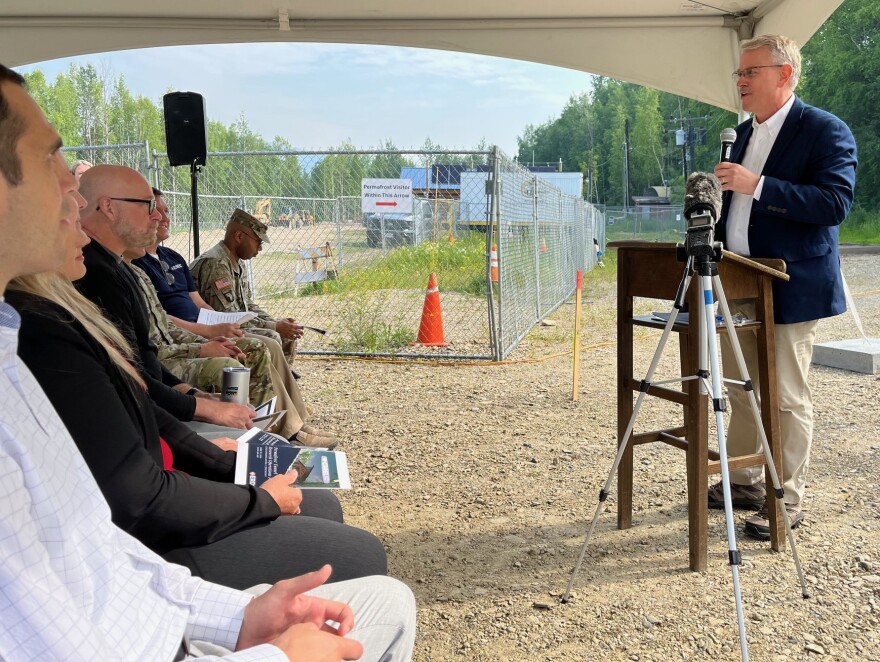 David Pittman, director of the Corps of Engineers' Army Engineer Research and Development Center, talks to about two dozen invited guests and others during Tuesday's groundbreaking ceremony.