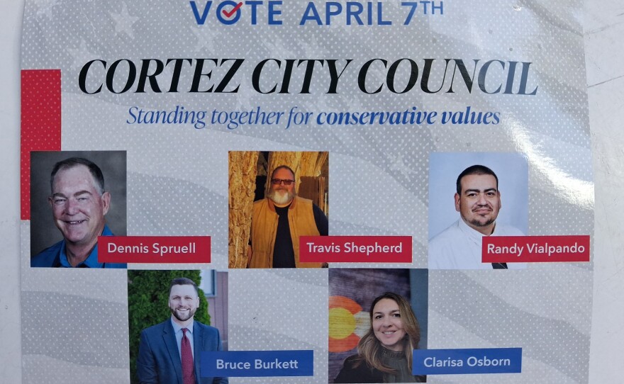 Front and back of a campaign mailer sent to Cortez voters ahead of the April 7 city council election. The postcard features multiple candidates and was distributed through bulk mail but does not appear to include a visible “paid for by” disclosure identifying who funded or authorized it.