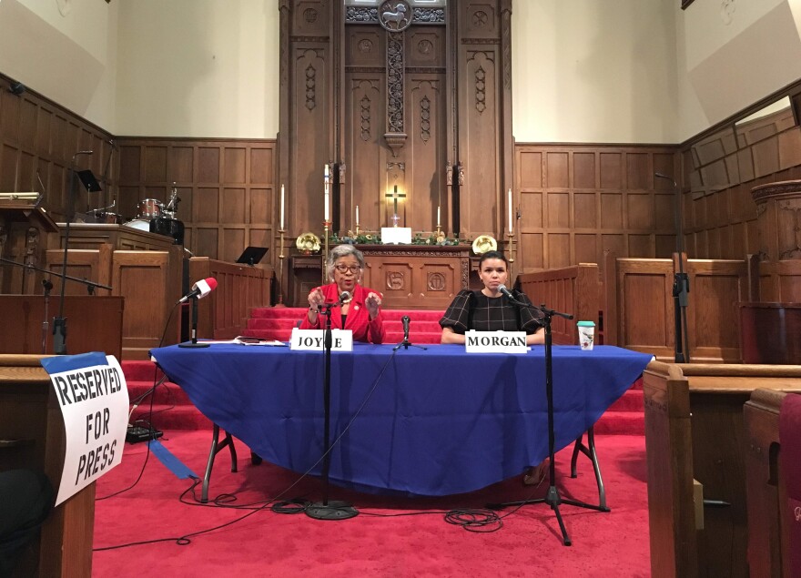 Rep. Beatty (left) speaking at a forum with her progressive challenger Morgan Harper (right).