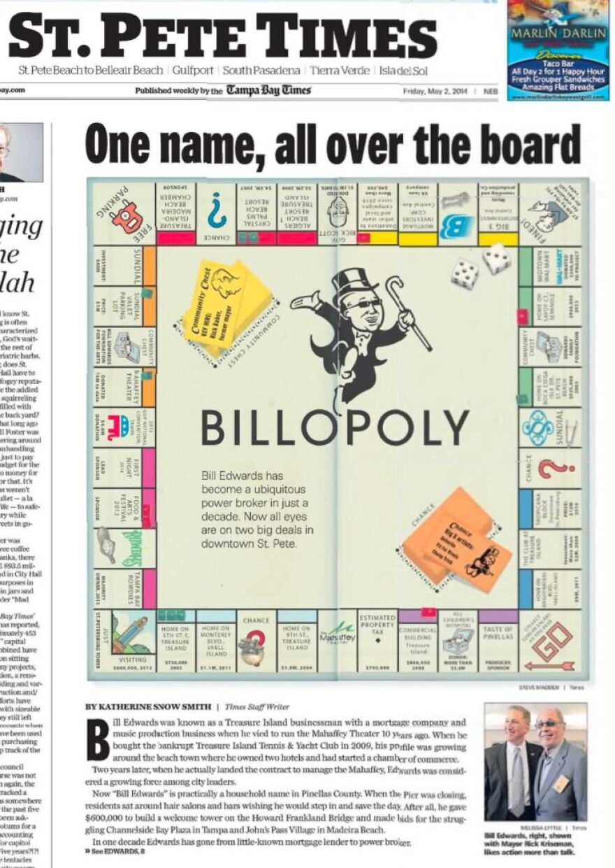A square Monopoly game board that says Billopoly in the middle is the main photo on a newspaper page with the headline: One name, all over the board