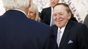 Sheldon Adelson, with his wife, Miriam, talks with then-Secretary of State Rex Tillerson before a 2017 speech by President Trump at the Israel Museum in Jerusalem.