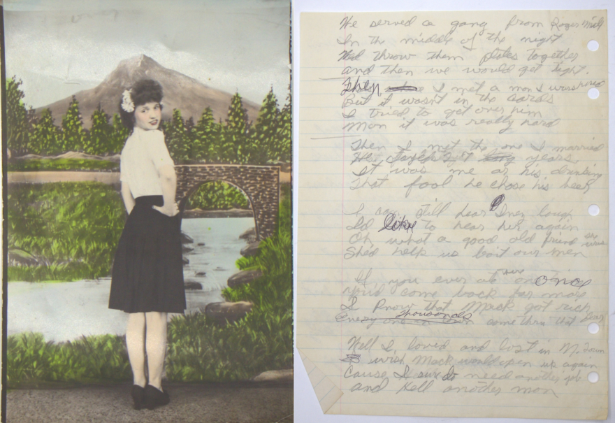 a photo from the 40s of a woman in a white top and black skirt standing facing a mural, looking over her shoulder at the camera, alongside of a photo of a discolored piece of notebook paper with a poem written in script, in pencil.