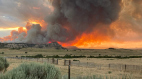 Gray smoke and red flames are seen in the sky, against a brown grassy pasture.