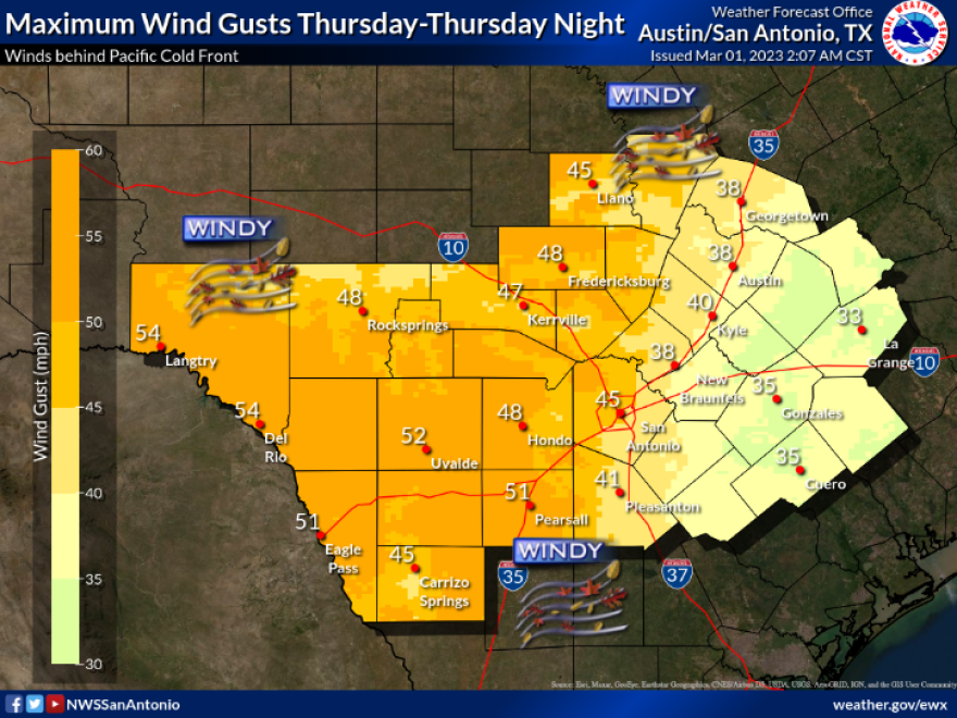Wind gust map from the National Weather Service