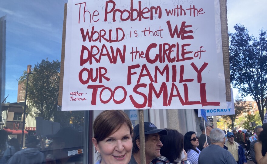 "This is one of our only chances to actually be heard, and to for other people to know how we stand in the country when it seems like a lot is against us," said Regina Ottaviano of Bedford, at the No Kings protest in Manchester.