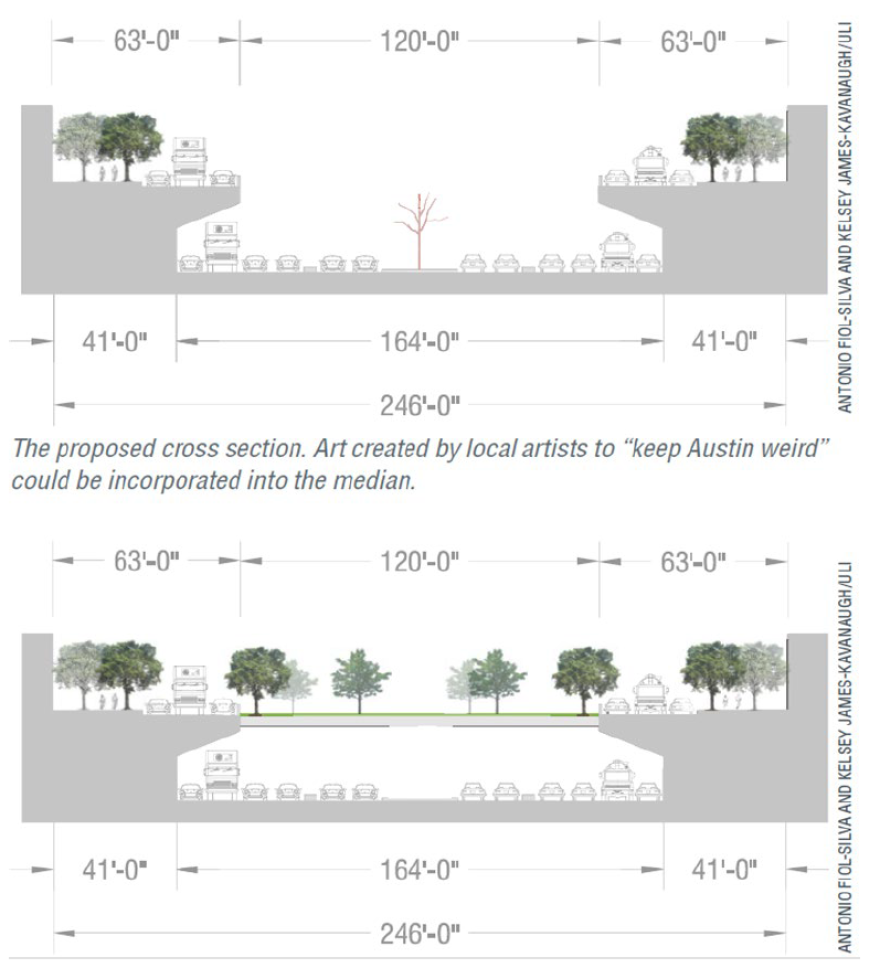 The I-35 proposal from the Downtown Austin Alliance and Urban Land Institute includes overhanging frontage roads and partial coverings of sunken mainlanes.