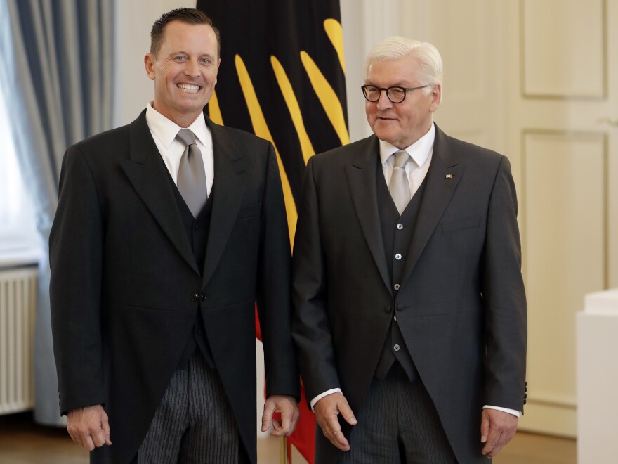 U.S. Ambassador to Germany Richard Grenell (left) and German President Frank-Walter Steinmeier greet the media during Grenell's accreditation process at the Bellevue Palace in Berlin in May.