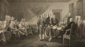 This image shows an 1876 engraving titled "Declaration of Independence, July 4th, 1776" made available by the Library of Congress. On that day, the Continental Congress formally endorsed the Declaration of Independence.
