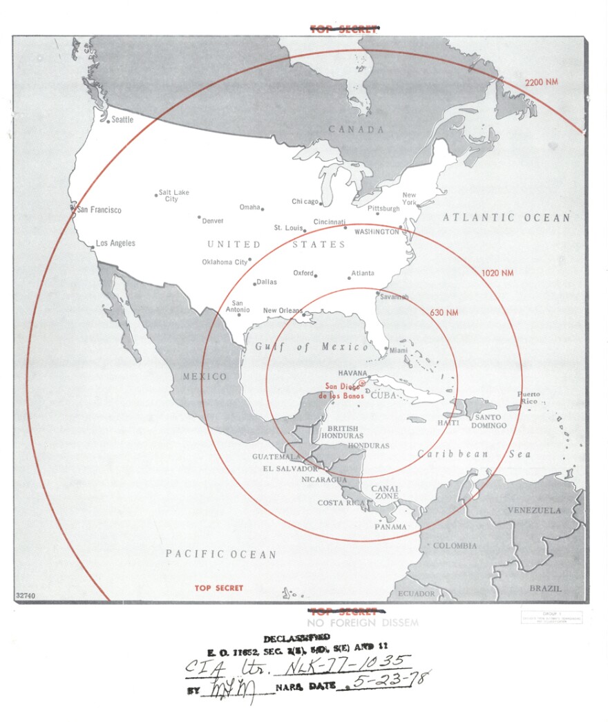 A map prepared by the CIA shows areas and cities within range of nuclear missiles launched from Cuba in October 1962.