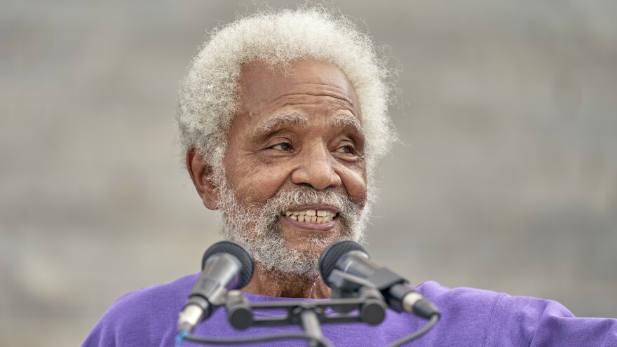 Nebraska's longest serving state Sen. Ernie Chambers of Omaha addresses supporters on the stairs of the Capitol in Lincoln, Neb., on Aug. 13. Chambers helped keep Nebraska's electoral votes split.