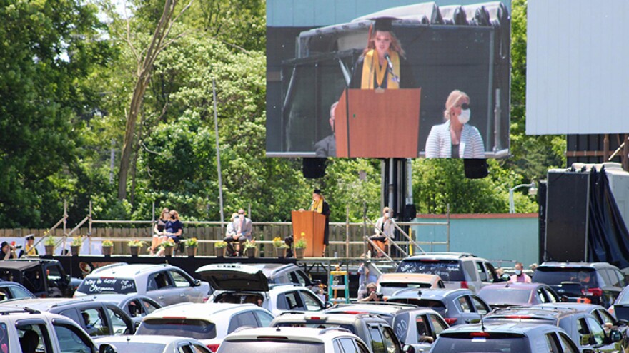 Westville High School gives seniors a socially distant in-person graduation ceremony at the 49'er Drive-in movie theater on June 6, 2020.