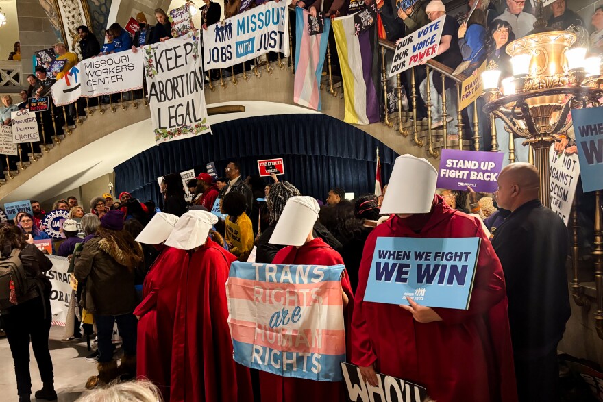 Hundreds of protestors fill the state Capitol on Tuesday, Jan. 20, 2026, in Jefferson City.