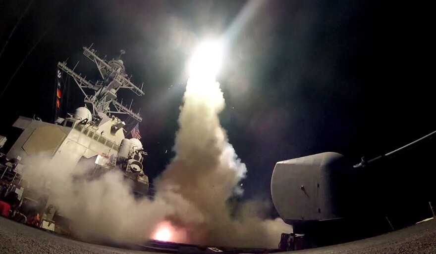 A still from a video released by the U.S. Navy on Thursday evening shows the guided-missile destroyer USS Porter (DDG 78) as it conducts strike operations while in the Mediterranean Sea.
