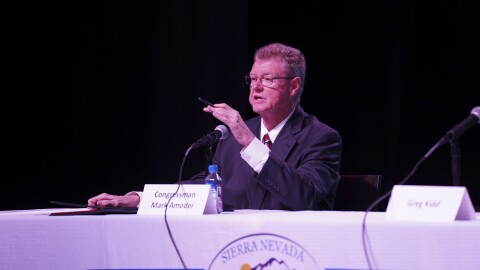 KUNR's Lucia Starbuck moderated a debate with Republican incumbent Congressman Mark Amodei and nonpartisan candidate Greg Kidd in Carson City, Nev., on Oct. 16.
