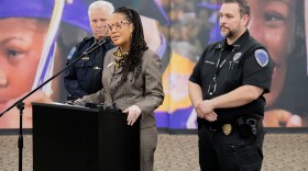 Tulsa Public Schools Superintendent Ebony Johnson speaks to members of the press about increased school violence threats on Sept. 19, flanked by Tulsa Police Chief Dennis Larsen (left) and Tulsa Public Schools Police Chief Donnie Lewis (right).