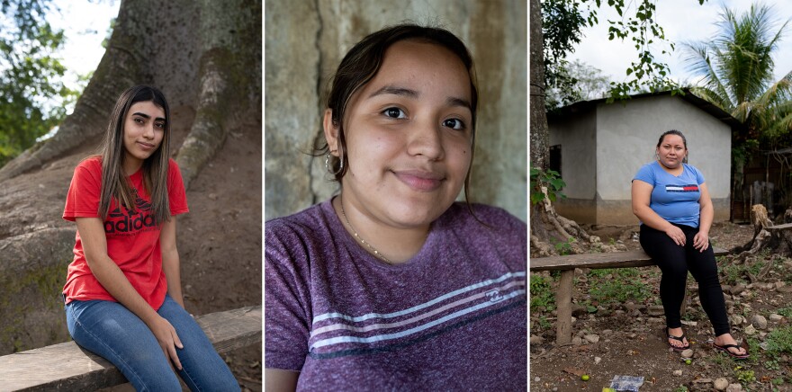 Leslie Tobias, Marisela Sorto Rodriguez and Maria del Carmen Caballero from the small village of 6 de Mayo in Macuelizo. They hope to migrate to the U.S. "The truth is that I don't see a future for me here," says Tobillas. Her friends who've left for the U.S. to earn money urge her to do the same. "All I want is to work to help my parents buy a home — that's my hope," she says.