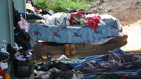 Makeshift beds under the highway in the northern end of Hartford.