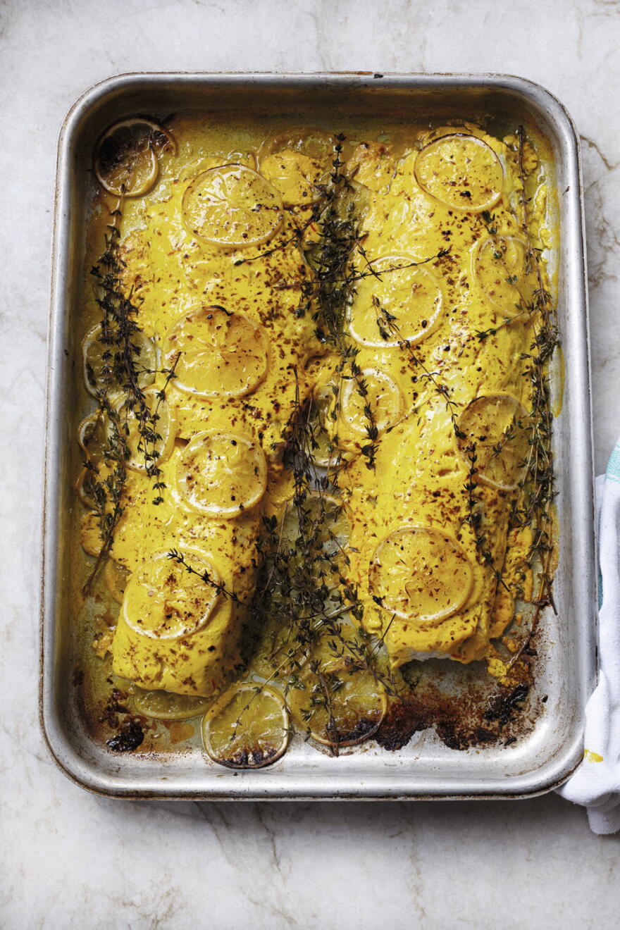 Chaya’s saffron yogurt hake. (Courtesy of Penguin Random House) 