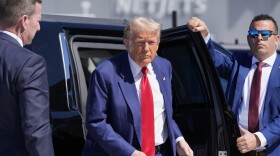 Republican presidential nominee former President Donald Trump arrives at Harry Reid International Airport to board a plane after a campaign trip, Saturday, Sept.14, 2024, in Las Vegas. (AP Photo/Alex Brandon)