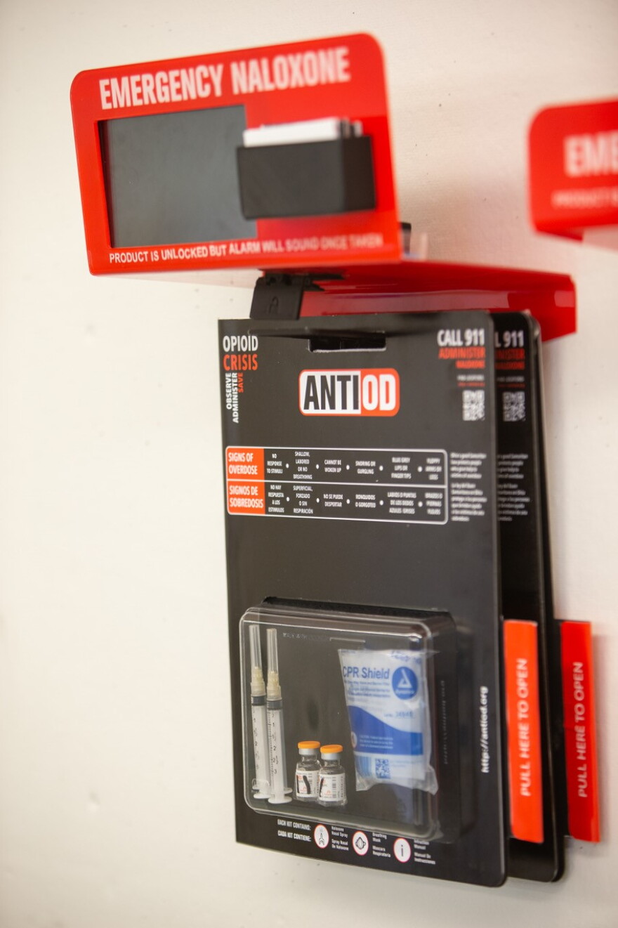 A prototype shows AntiOD with injectable naloxone. The final product will have four doses of the nasal spray.