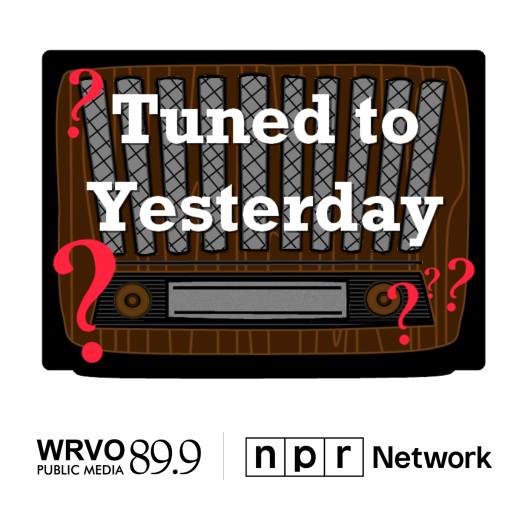 Illustration of a vintage radio with the text 'Tuned to Yesterday' surrounded by red question marks representing the quiz show and collections curios genres.