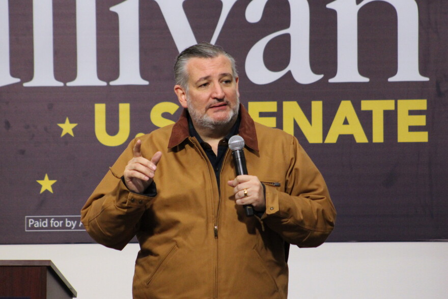 Republican Sen. Ted Cruz speaks in support of Sen. Dan Sullvan at a political rally on Saturday, Oct. 17, 2026 in Kenai, Alaska.