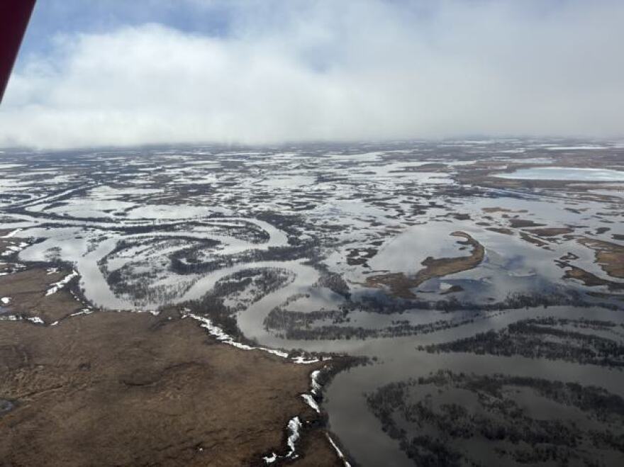 The tundra southeast of Kwethluk is seen inundated by breakup flooding on May 12, 2024.