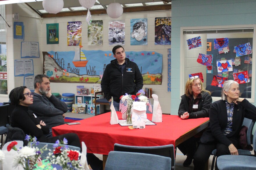 From left, Sen. Löki Tobin, Sen. Mike Cronk, Rep. Justin Ruffridge, Rep. Julie Coulombe and Rep. Rebecca Himschoot meet with school officials on Tuesday, Nov. 11, 2025 in Kenai, Alaska.