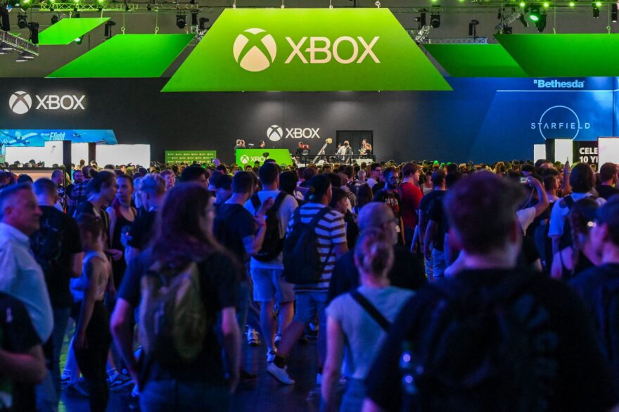 A photo shows visitors in front of the Xbox booth at the Gamescom video game fair in Cologne, western Germany.