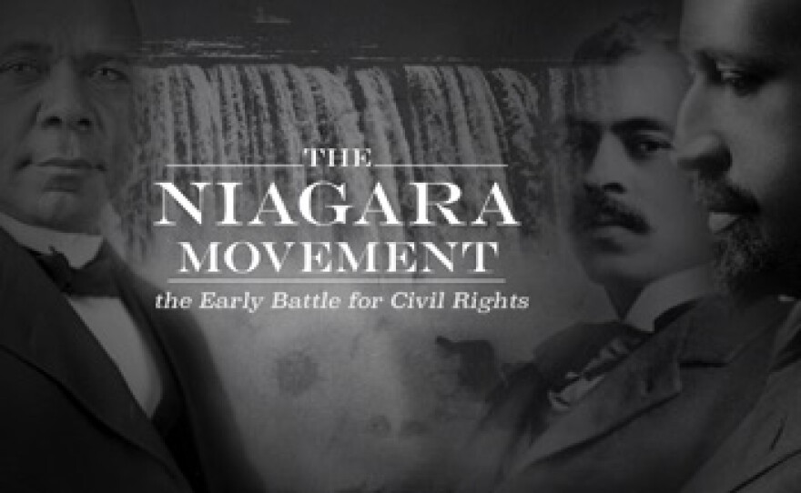 Booker T. Washington, William Monroe Trotter, and W.E.B Dubois are overlaid on photo of Niagra Falls. The picture reads The Niagra Movement: the Early Battle for Civil Rights