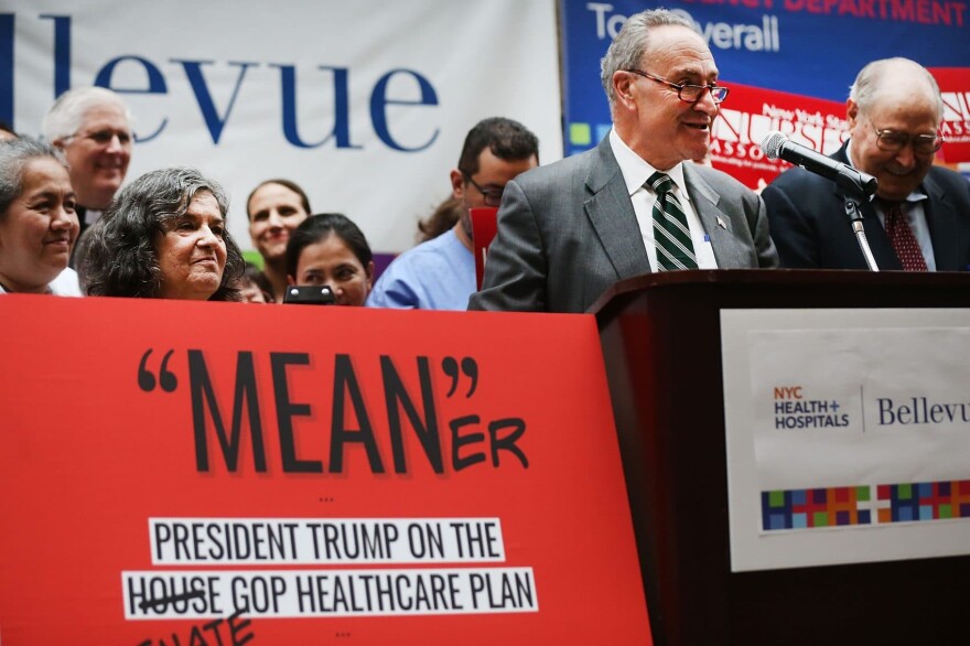 Senate Minority Leader Chuck Schumer (D-N.Y.) speaks to doctors, nurses, patients and activists at Bellevue Hospital a day after the Republicans released their health care bill to the public on June 23, 2017 in New York City. (Spencer Platt/Getty Images)