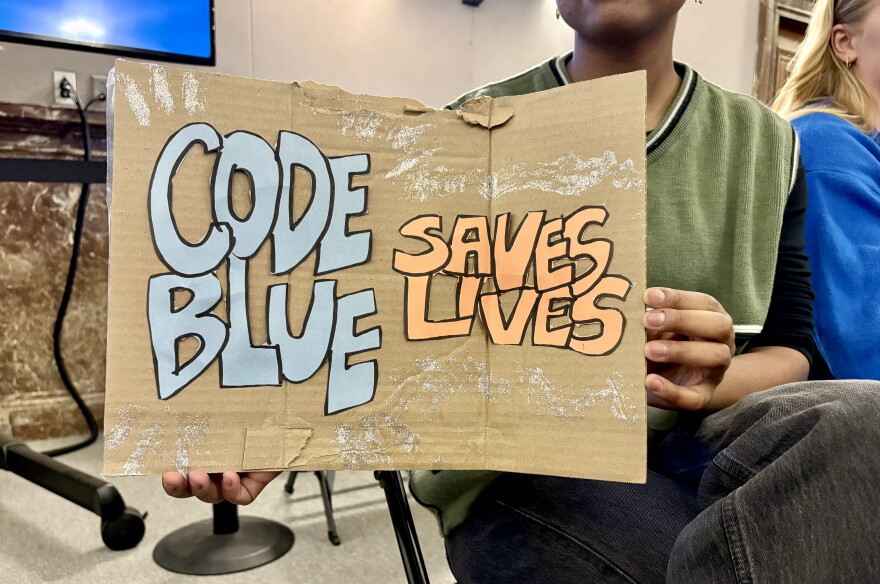 Several supporters brought homemade signs to hold while the bill was introduced at the committee meeting.
