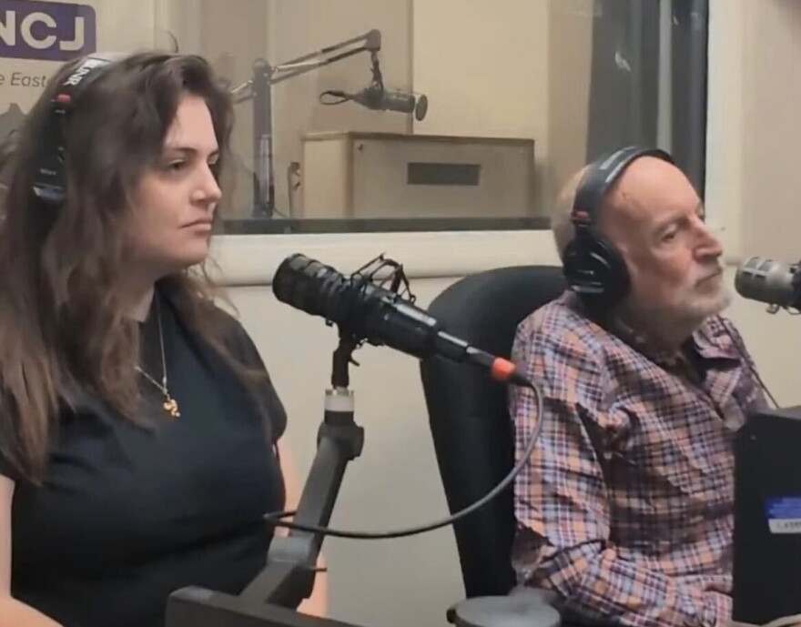Reno residents Allison Hartmann (left) and Gordon Gossage discuss their different opinions on data centers for Purple Politics Nevada live in the KUNR studio in Reno, Nevada, on Sept. 18, 2026.