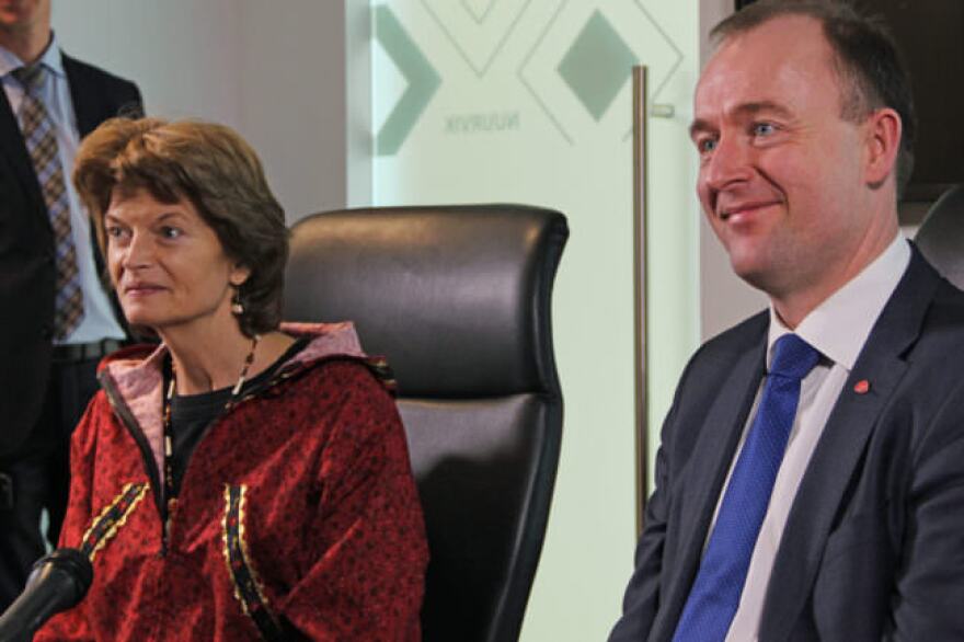 Alaska Sen. Lisa Murkowski, left, and Norwegian member of parliament Eirik Sivertsen took questions from reporters during a meeting of the Conference of Parliamentarians of the Arctic Region in Anchorage on Friday. (Photo by Rachel Waldholz/Alaska’s Energy Desk)