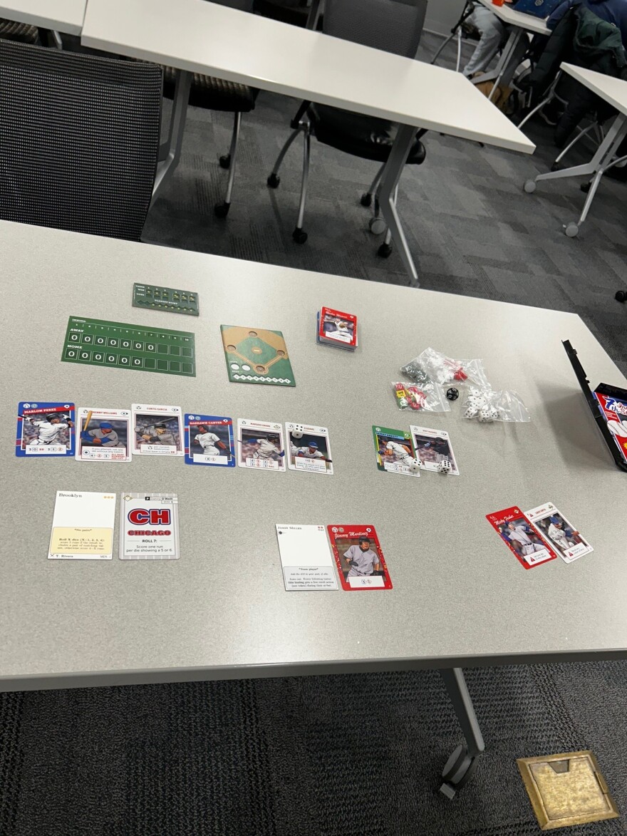 Baseball cards set up on a table