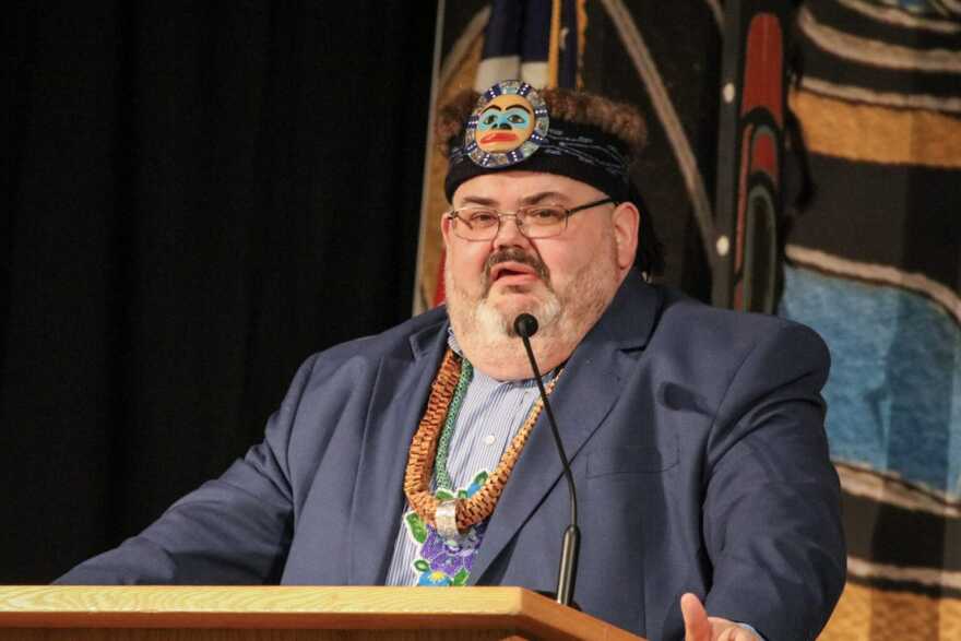 Chalyee Éesh Richard Peterson, president of Central Council of the Tlingit and Haida Indian Tribes of Alaska, speaks at the 90th annual Tribal Assembly in Juneau on Wednesday, April 18, 2025.