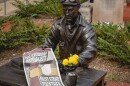 The statue of Pulitzer Prize-winning war correspondent and Indiana Daily Student alum Ernie Pyle holds a copy of The Purdue Exponent&#039;s IDS Special Edition.