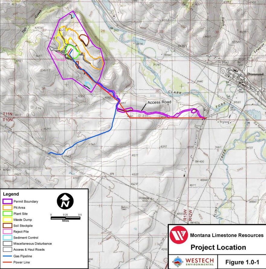 A map from a Montana Resources permit request showing the location of a proposed limestone mine near Drummond, Mont.